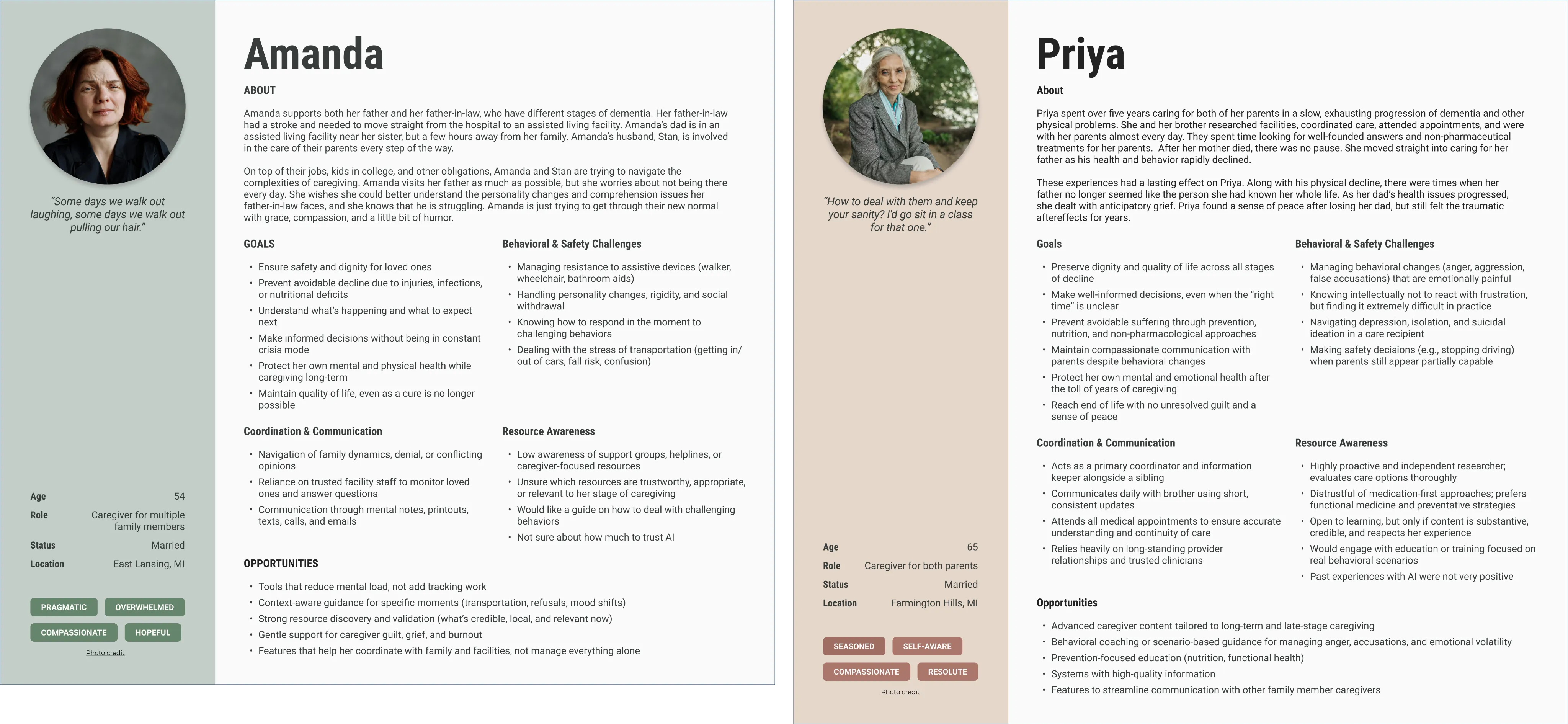 Caregiver personas comparing newer and experienced caregivers
