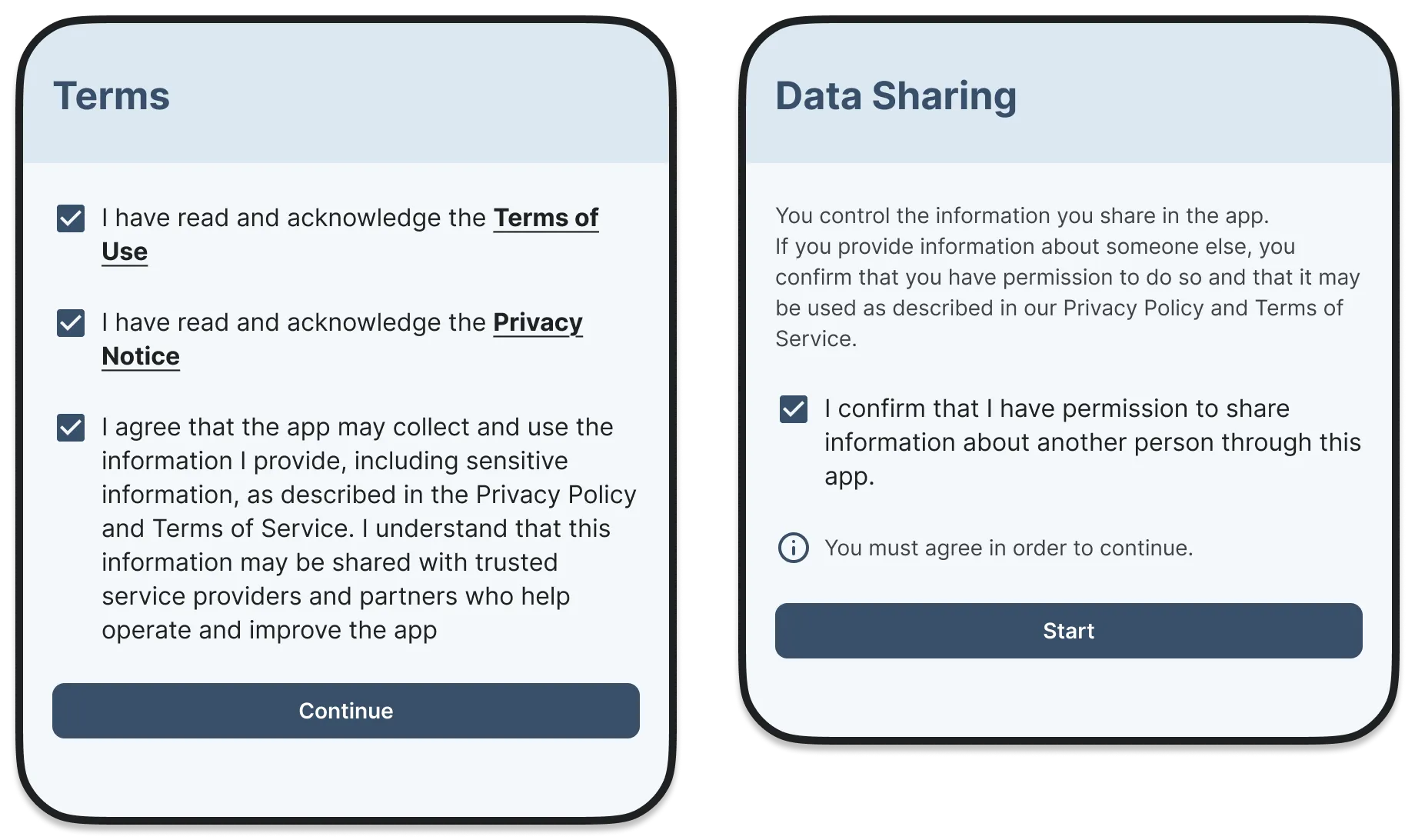 Caregiver Support Application privacy and consent screens