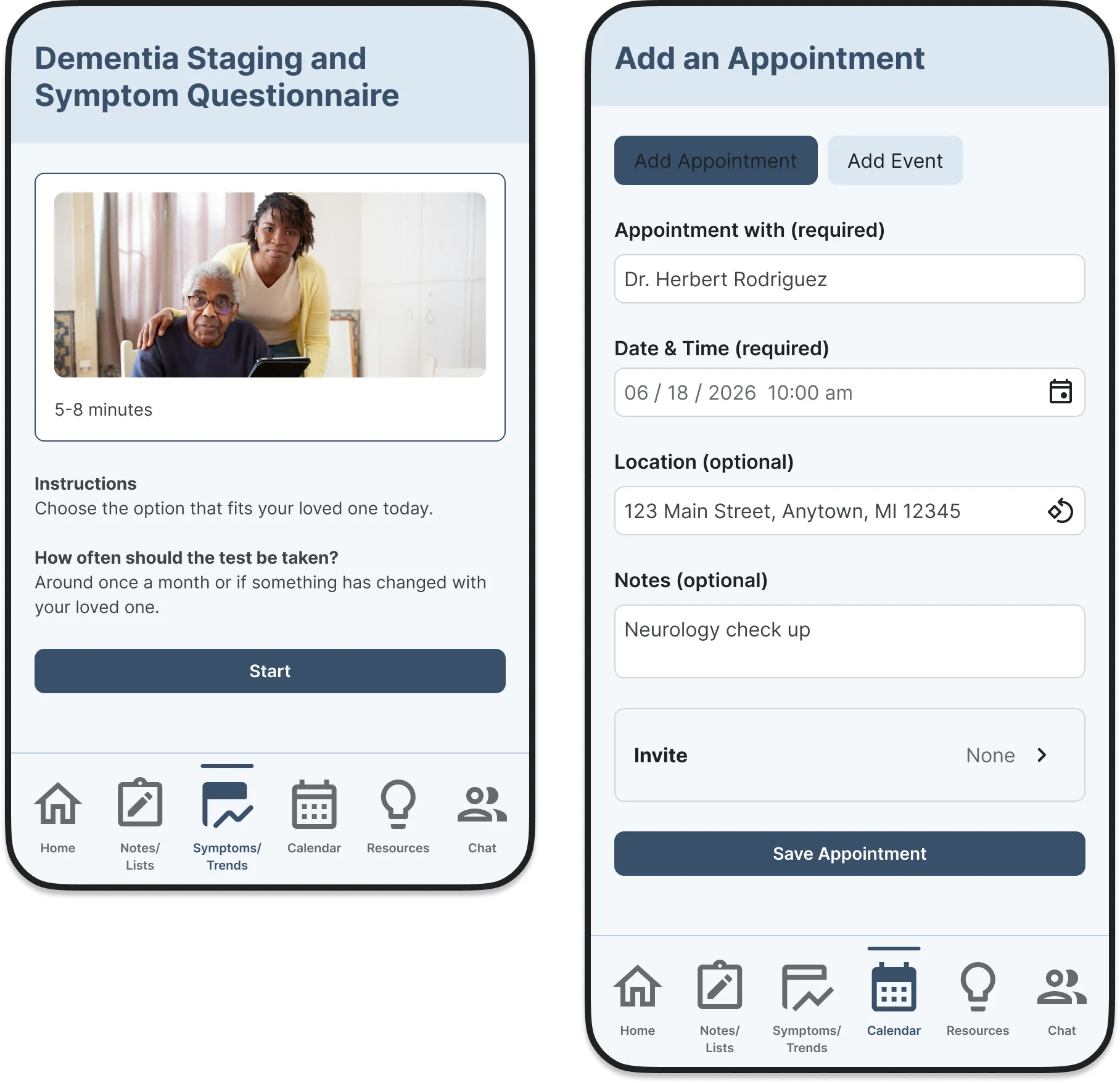 Caregiver Support Application tracking and appointment screens