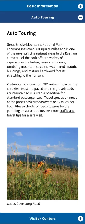 Accordion-style mobile tabs showing Basic Information, Auto Touring, and Visitor Centers, with Auto Touring expanded