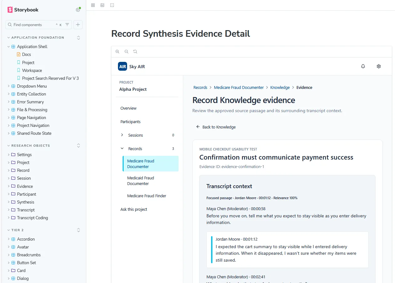 Sky AIR Storybook and implemented component evidence